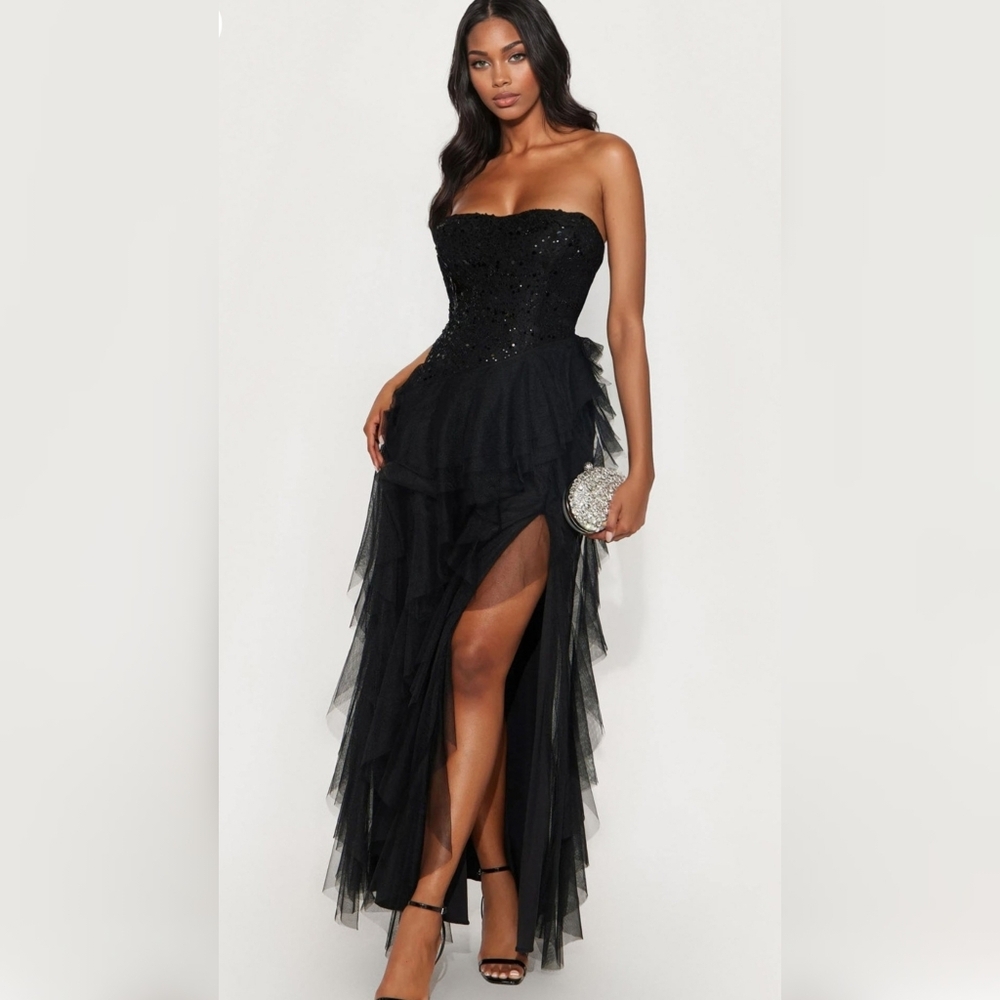 Lace Ruffle Black Strapless Evening Dress